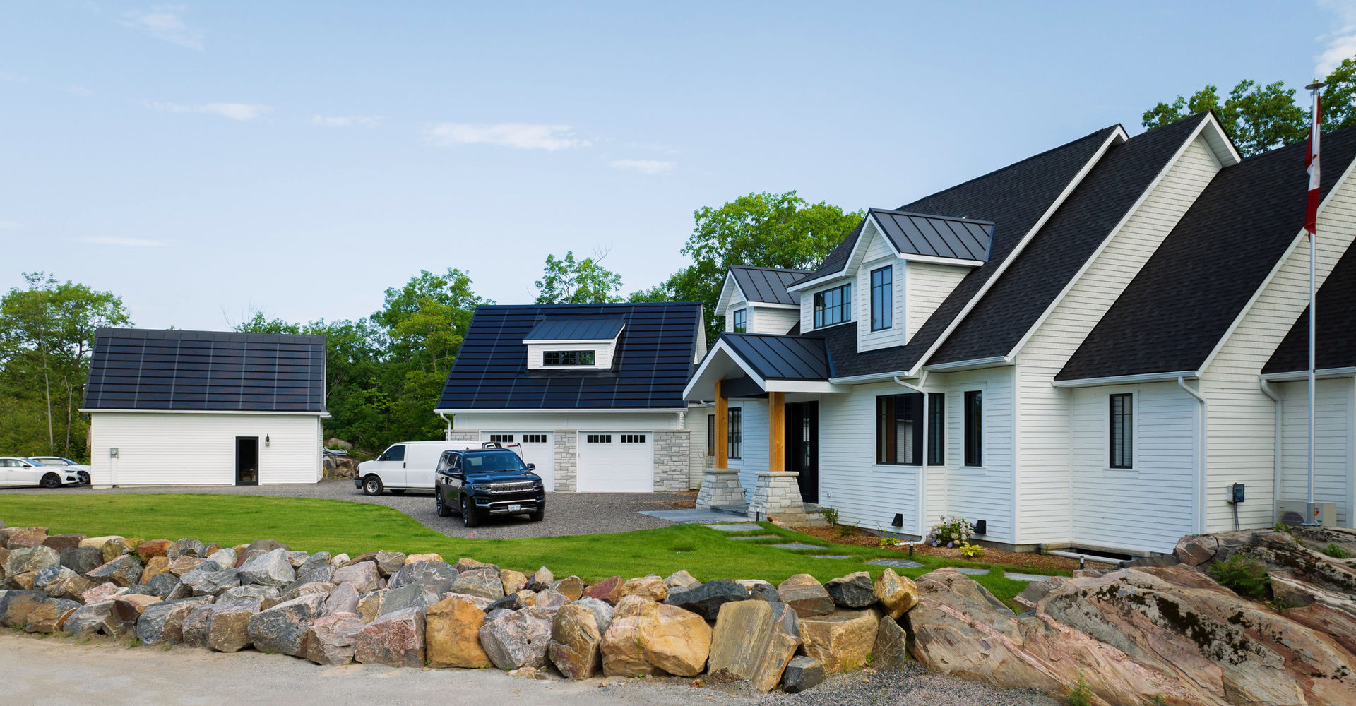 Finished Morden residential build with rock landscaping